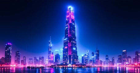 Neon Nightscape Futuristic City Skyline Glowing with Vibrant Lights and Illuminated Architecture