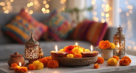 Diwali decor with oil lamps and marigolds on table, festive home scene with warm colors