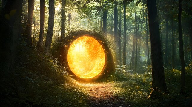 A mystical portal in a dense enchanted forest