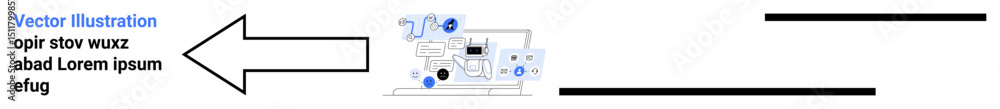 Poster laptop displaying charts and icons linked by bold arrows. ideal for teamwork, communication, technol
