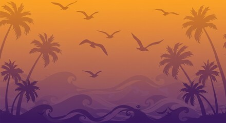 Minimalist Summer Pattern &mdash; Sunset Palm Trees and Seagulls over Vibrant Gradient Waves