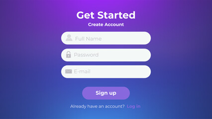UI register layout. Sign up web form with gradient background. Minimalistic registration screen for desktop.