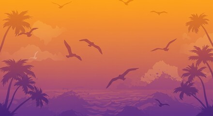 Seamless Summer Sunset Pattern &mdash; Palm Trees, Seagulls, and Waves in Soft Silhouettes