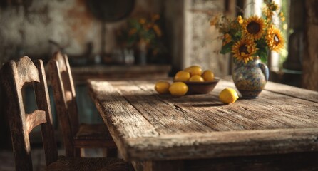 Rustic farmhouse table with sunflowers and lemons, photorealistic interior with blurred background
