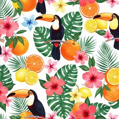 Tropical Watercolor Pattern &mdash; Exotic Birds, Citrus Fruits, and Vibrant Foliage