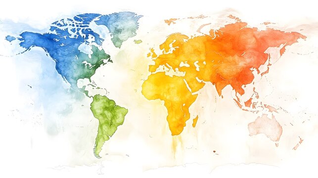 Watercolor world map displaying continents in different colors, symbolizing diversity and global connectivity