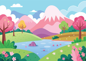 Fototapeta premium Serene spring landscape, mountains, river, flowers, transparent background