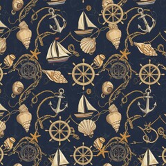 Classic Maritime Seamless Pattern &mdash; Navy, Beige, and Gold Nautical Elements in Elegant Style