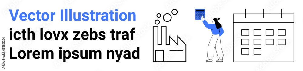Poster factory building with smokestacks, worker holding folder, circular elements, and calendar grid. idea
