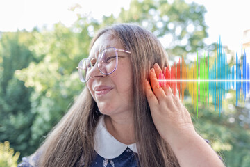 human ear closeup listening, sound wave, acoustics Auditory System, Hearing Test, Cochlear implant, Assistive listening device