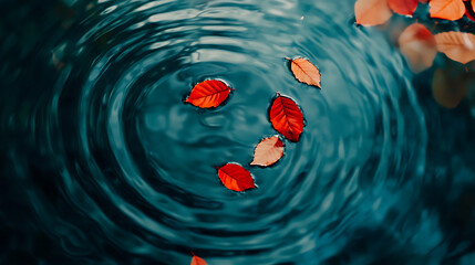 Red Leaves Floating on Dark Blue Water with Concentric Ripples
