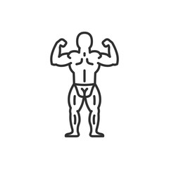 Bodybuilder flexing muscles, linear icon. Fitness and strength training symbol. Line with editable stroke.
