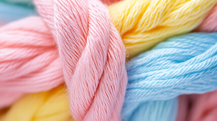 Close-up Pastel Pink Blue Yellow Yarn Threads Intertwined Abstract Macro Photography