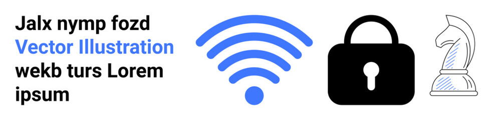 Blue wireless signal icon, black padlock symbolizing security, and a gray chess knight for strategy. Ideal for technology, cybersecurity, communication, strategic planning, online security