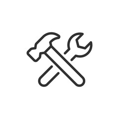 Hammer and wrench crossed, linear icon. General tools or repair symbol. Line with editable stroke.
