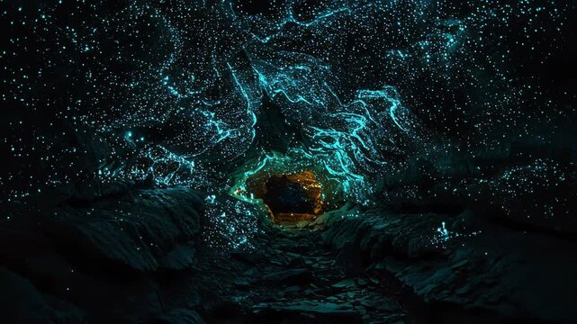 Glowworm cave with bioluminescent larvae illuminating the underground.