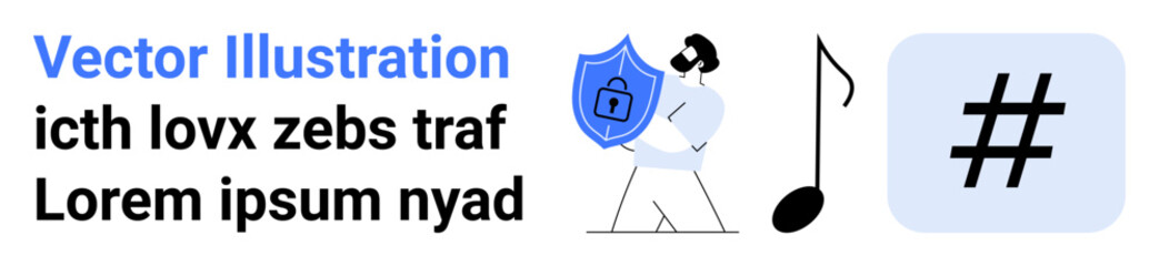 Individual holding a shield with a lock icon, accompanied by a musical note and metadata tag. Ideal for digital security, social media, technology, creativity, music, branding, simple landing page