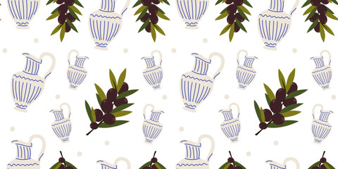 Mediterranean seamless pattern with vintage greek ancient vase and olive branch. Abstract greek pattern for print, textile, wallpaper, interior graphic decoration, fabric