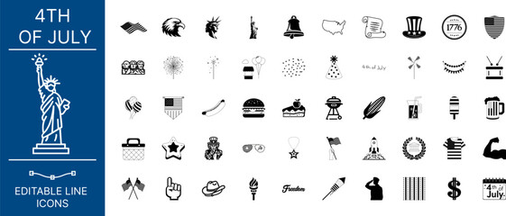 Set of America and 4th of July Icons. Statue of Liberty, Fireworks, USA flag, Balloons, and more Vector Illustration.