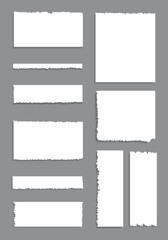 Collection of set of rectangular sheets of white paper with torn paper effect and realistic shadow effect, isolated vector illustration