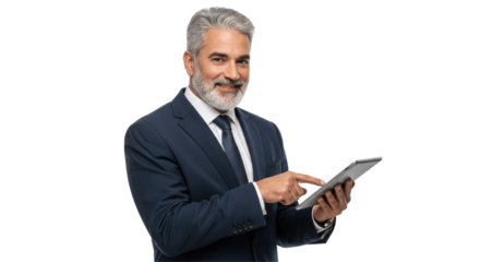 Confident Senior Businessman Using a Digital Tablet on Transparent PNG Background, businessman, senior, man, male, older, adult, suit, tie, smart, digital tablet, tablet