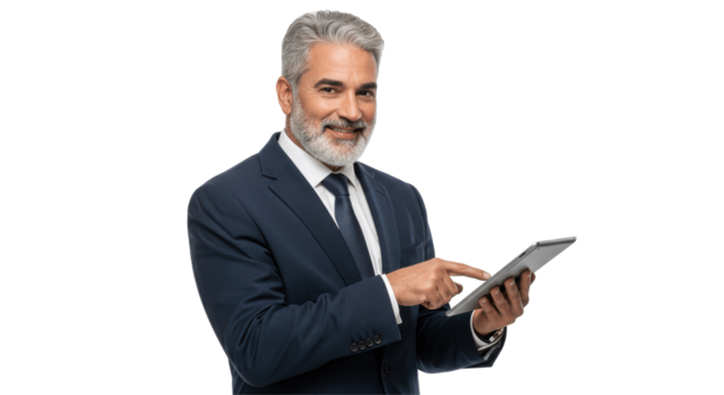 Confident Senior Businessman Using a Digital Tablet on Transparent PNG Background, businessman, senior, man, male, older, adult, suit, tie, smart, digital tablet, tablet