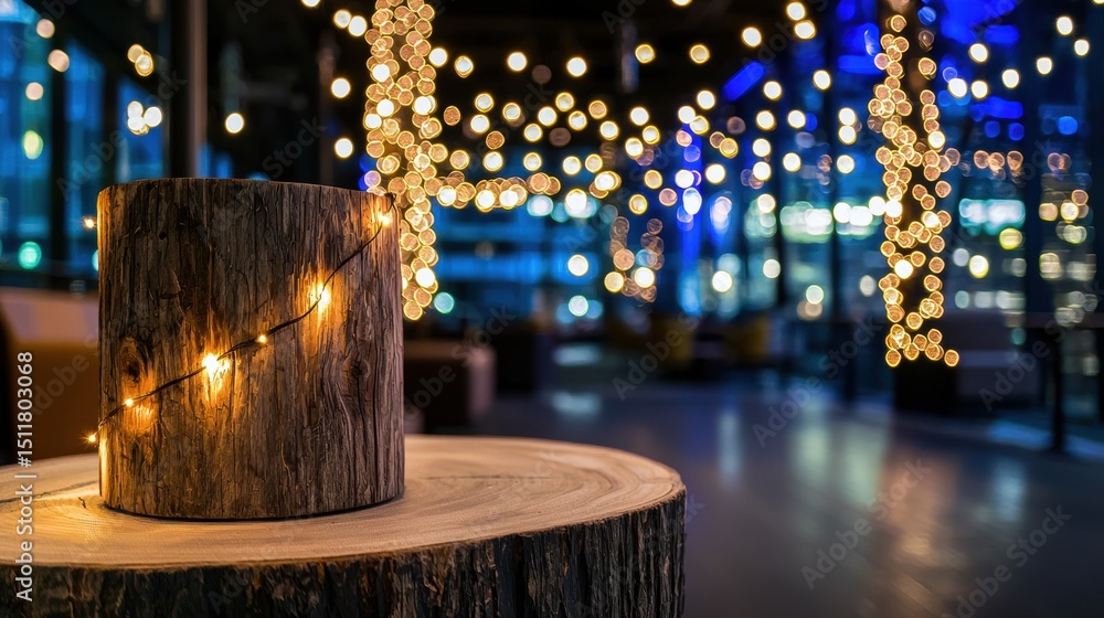 Poster a wooden table with a string of lights on it.