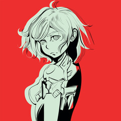 Vector illustration in anime style. Girl with loose hair and cyber suit.
