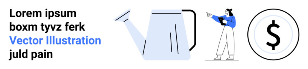 Water can nurturing growth, person with folder pointing, and dollar coin symbolizing investment, progress. Ideal for finance, entrepreneurship, development, savings, success earning simple landing