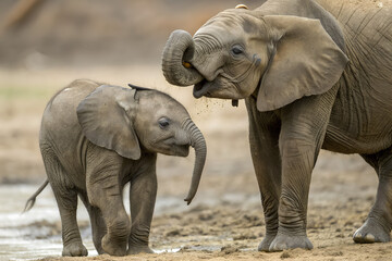 Fototapeta premium Elephant mother and baby bonding at watering hole 