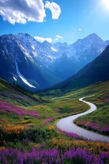 Fototapeta premium Winding Road Through Majestic Peaks: A scenic mountain pass, a ribbon of road weaves its way through a valley awash in wildflowers, with snow-capped peaks piercing the azure sky.