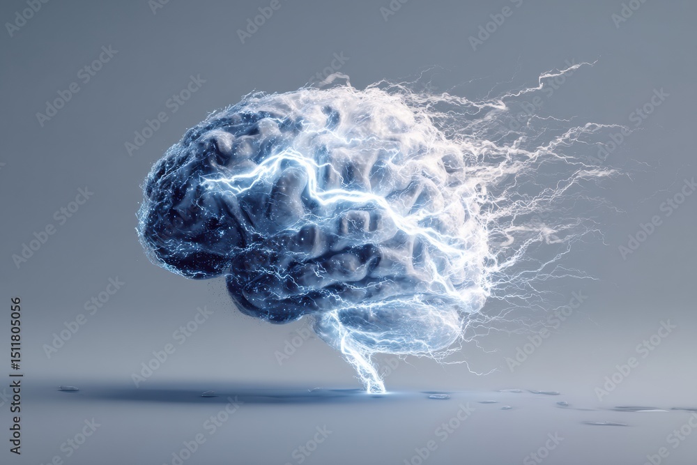 Poster animated brain exhibits energy transformation from chaotic lightning to serene calmness in a digital