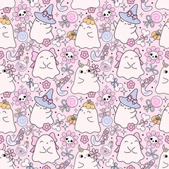 Coquette Ghost Floral Seamless Pattern.Kawaii ghost pattern, Ghost fabric design