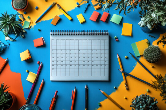 Pencils and scissors on a calendar on blue background.