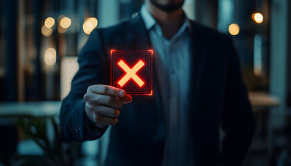 Businessman holds red fail mark hologram. Concept of failure, disapproval, rejection, audit, verification, compliance, assessment, exam, business, denial, disapproval, bankruptcy. Not approved.