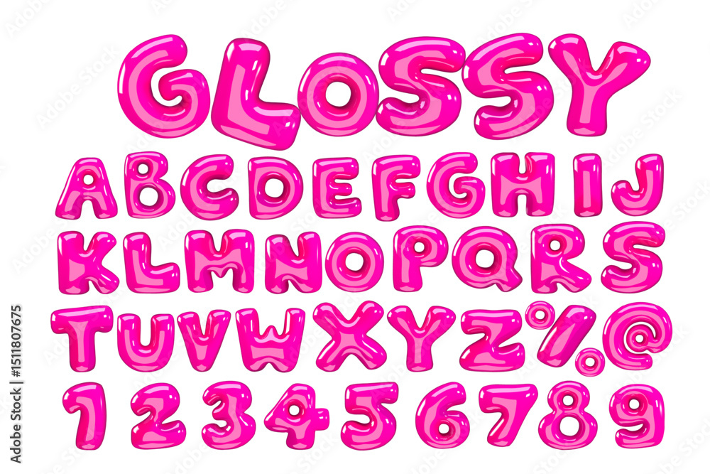 Fototapete 3d style vector of high glossy pink alphabet and numbers on white background