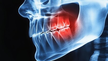 X-ray image. Impacted wisdom tooth with inflammation, pain. Dental problems, healthcare concept.