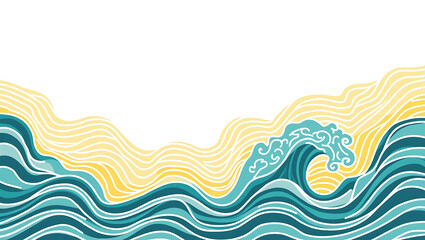 Abstract Wave and Cloud Illustration – Modern Japanese-Inspired Art in Teal and Yellow Tones