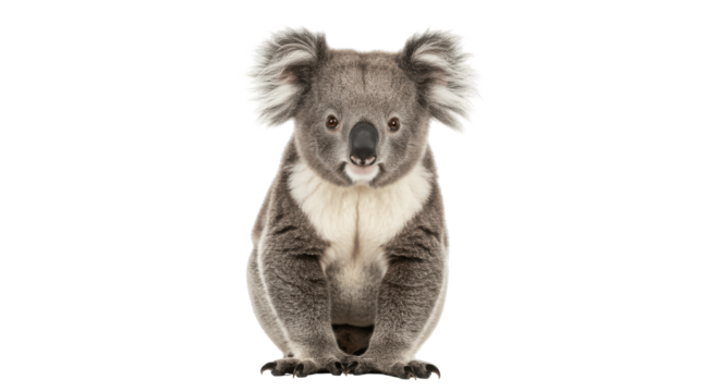 Adorable Koala Bear Sitting on Transparent PNG Background, koala, koala bear, marsupial, Australia, Australian, animal, wildlife, cute, adorable, front view, mammal