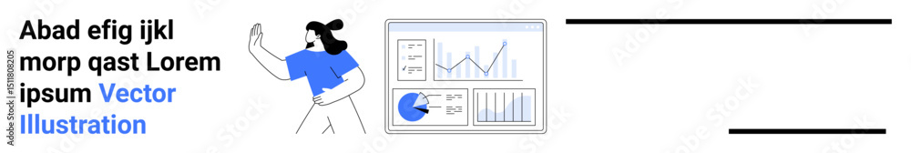 Poster person gesturing towards an analytics dashboard with charts and graphs. ideal for business, finance,