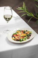 Portion of gourmet mediterranean shrimp salad 