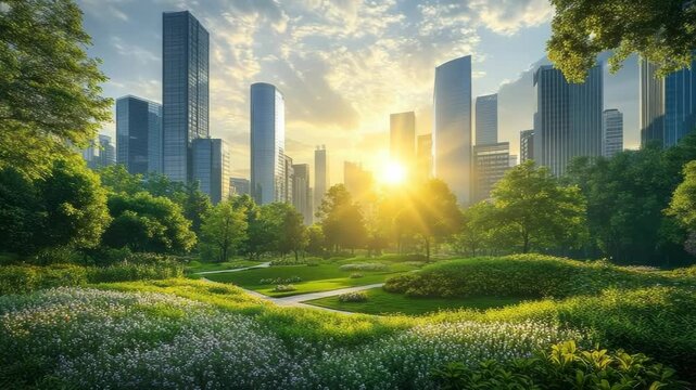 A vibrant urban green space between tall skyscrapers at sunset, with a lush garden path symbolizing eco-friendly urban planning, sustainability, and a harmonious balance between nature and city life.