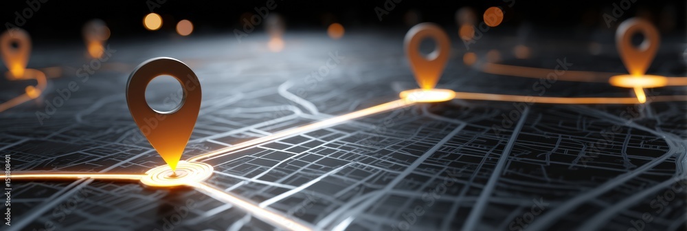 Poster clean city map highlighting glowing route pins and courier icons during nighttime navigation for urb