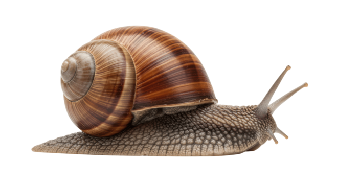 Snail with Brown Striped Shell on Transparent PNG Background, snail, gastropod, mollusk, shell, brown, striped, animal, wildlife, nature, creature