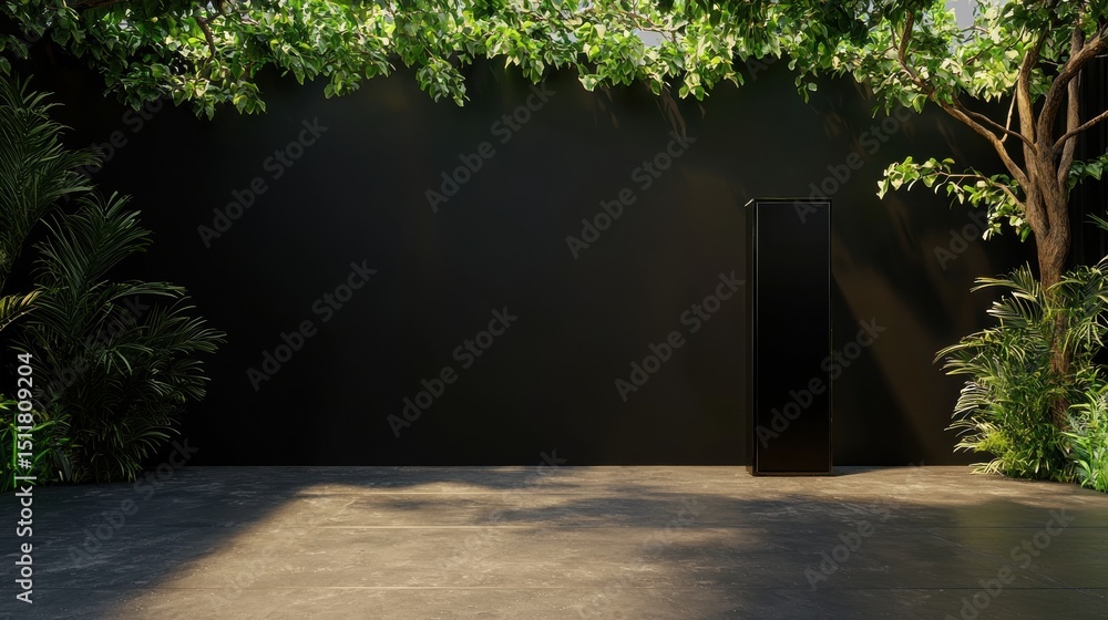 Aufkleber a black rectangular object stands in a garden, surrounded by lush greenery and a tree.
