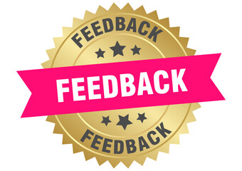 feedback. feedback round pink and gold label isolated on transparent background