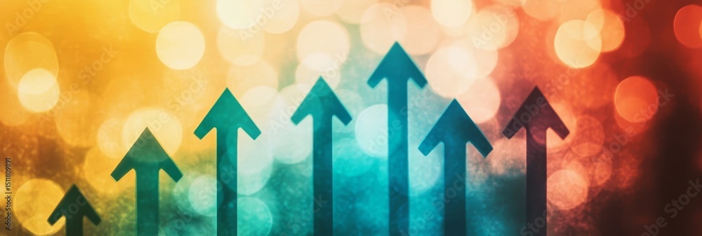 Poster against a bokeh background and colorful illumination, vibrant upward arrows symbolize development