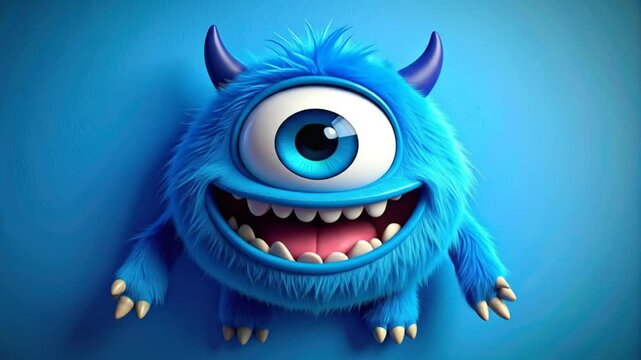 A friendly, furry, blue monster with a large eye and a wide smile against a solid blue background