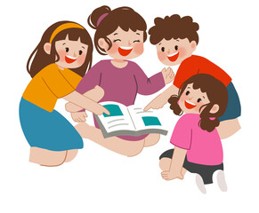 Mother reading book with son and daughter