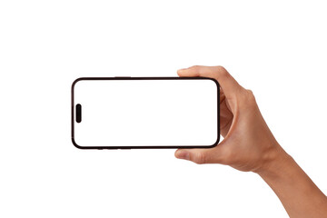 Hand holding the black smartphone with blank screen and modern frameless design in rotated perspective positions - isolated transparent background - Clipping Path